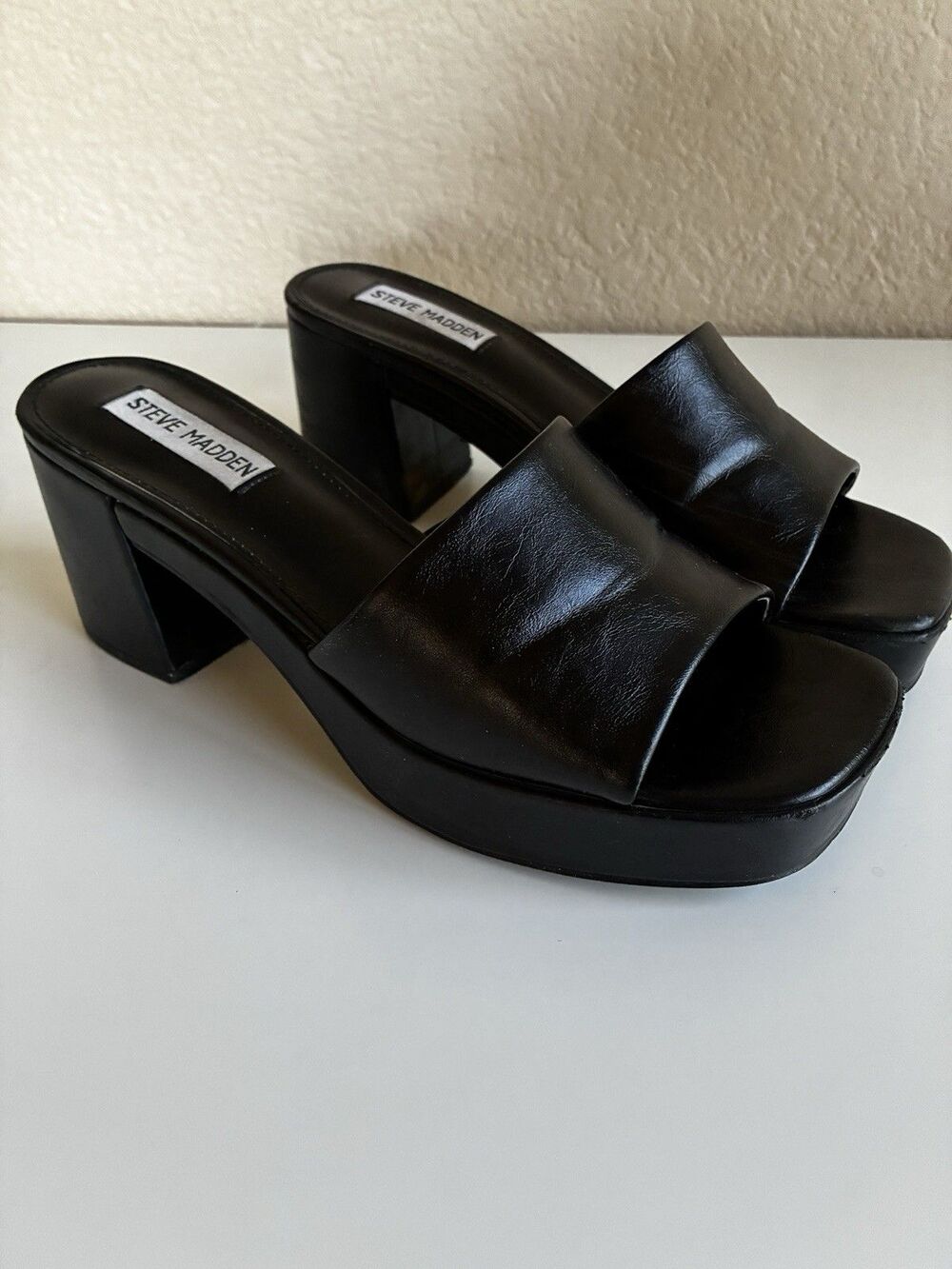 Steve Madden Islah Platform Mule Block Heel Sandals Black Leather Size 7.5 Y2K